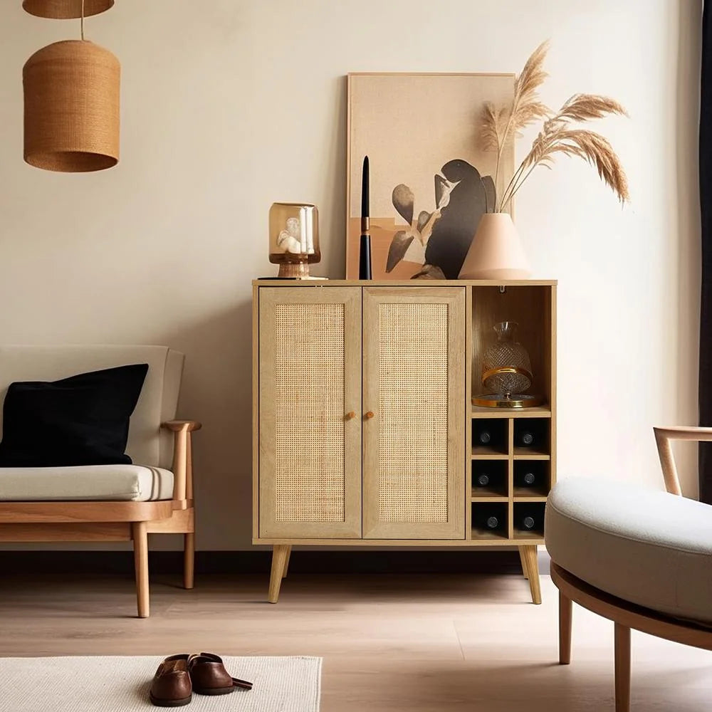 Light Oak Engineered Wood Rattan Wine and Storage Cabinet V83626