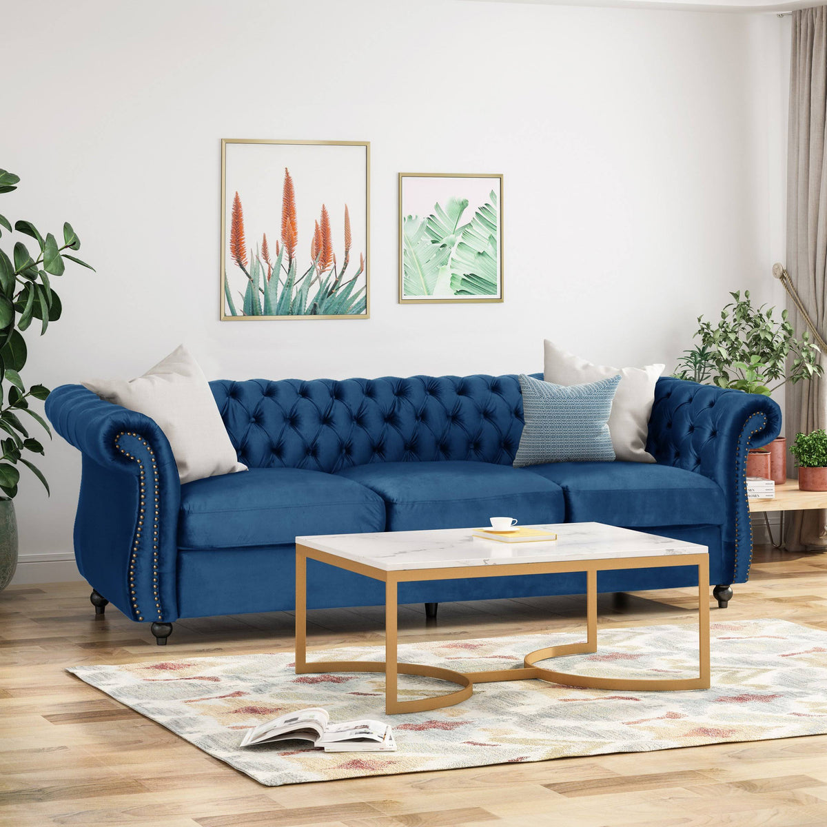 Navy Blue Tufted Microfiber Sofa with Scroll Arms R187265