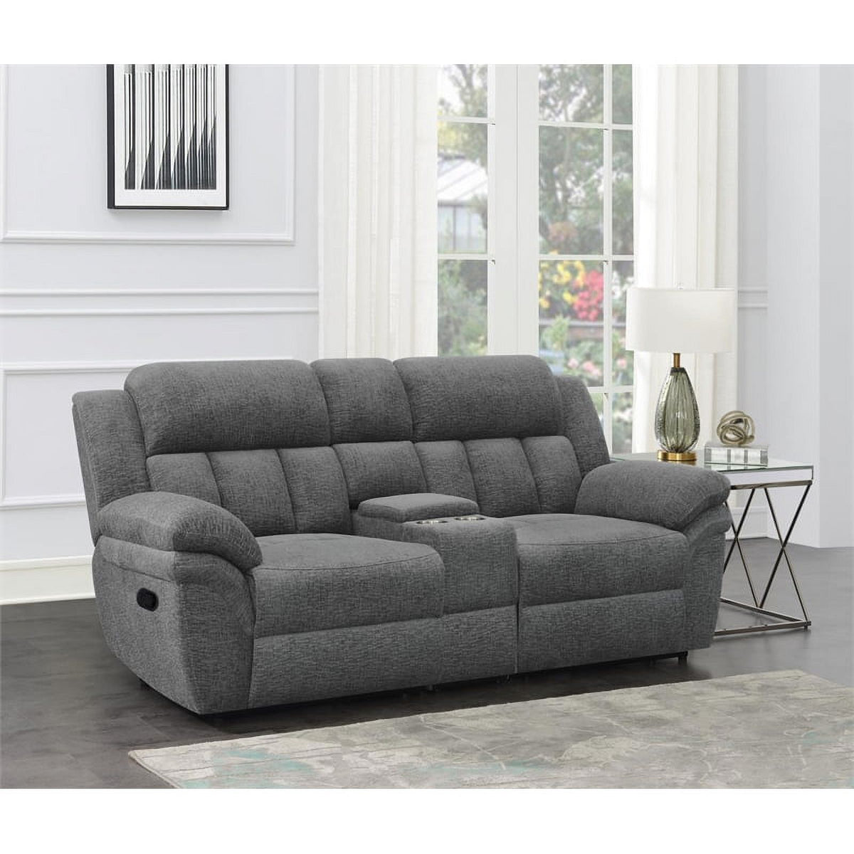 Charcoal Upholstered Motion Loveseat Console O715843