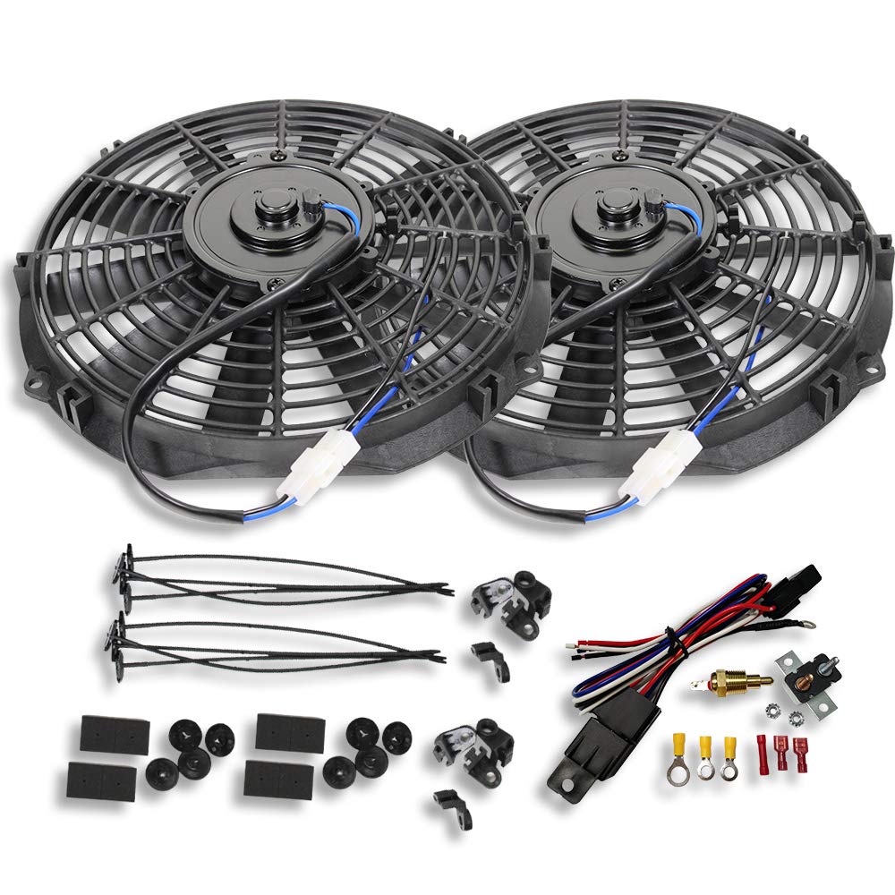 2pcs 10" Universal Electric Radiator Cooling Fan Straight Blade Reversible 1250CFM 12V Black Mounting Kit & Thermostat Switch Relay Kit U456