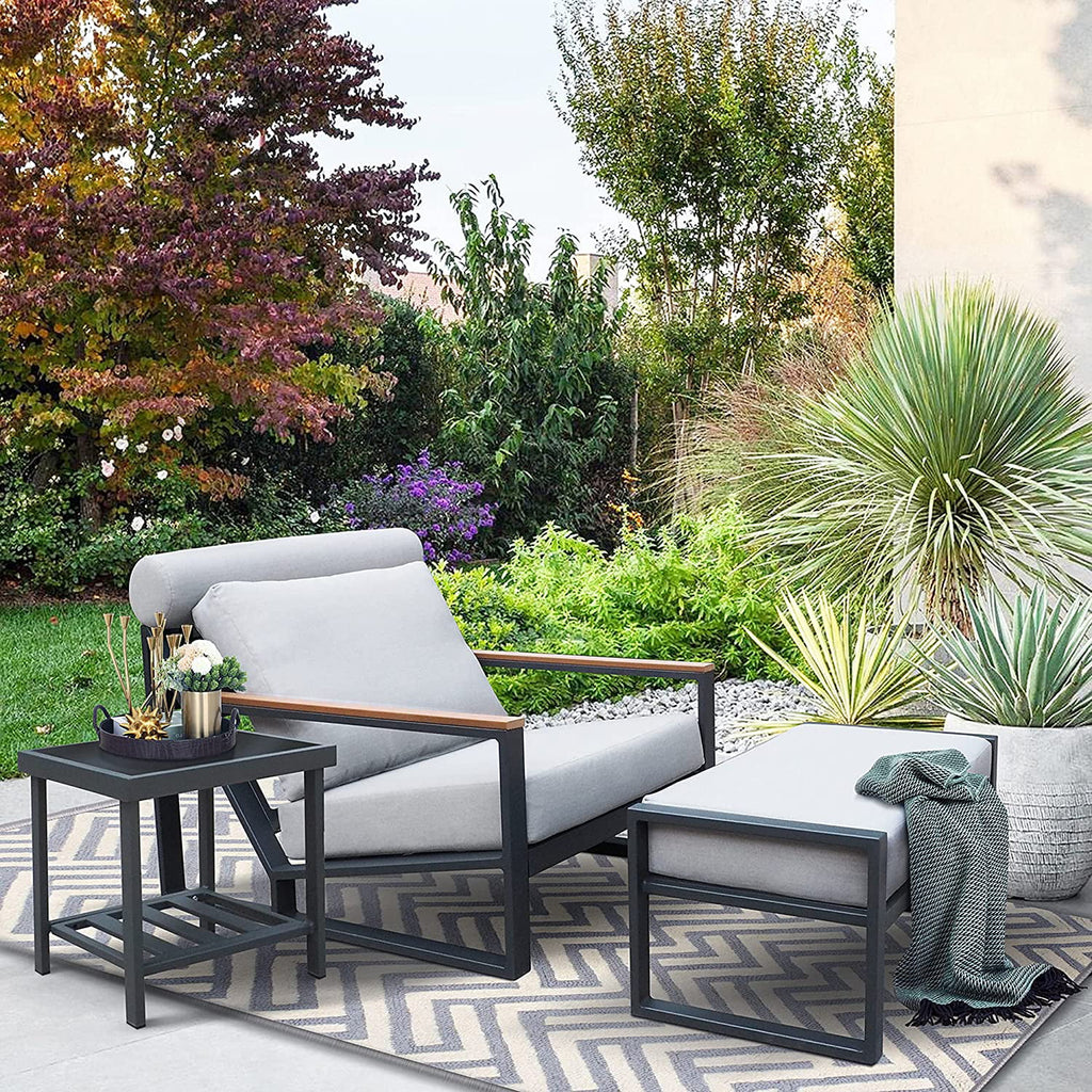 3PCS Gray Outdoor Aluminum Recliner Lounge Chair Set with Ottoman & Side Table V211