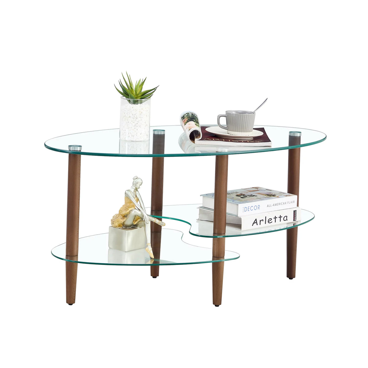 Oval Glass Coffee Table with Oak Wood Legs S969093