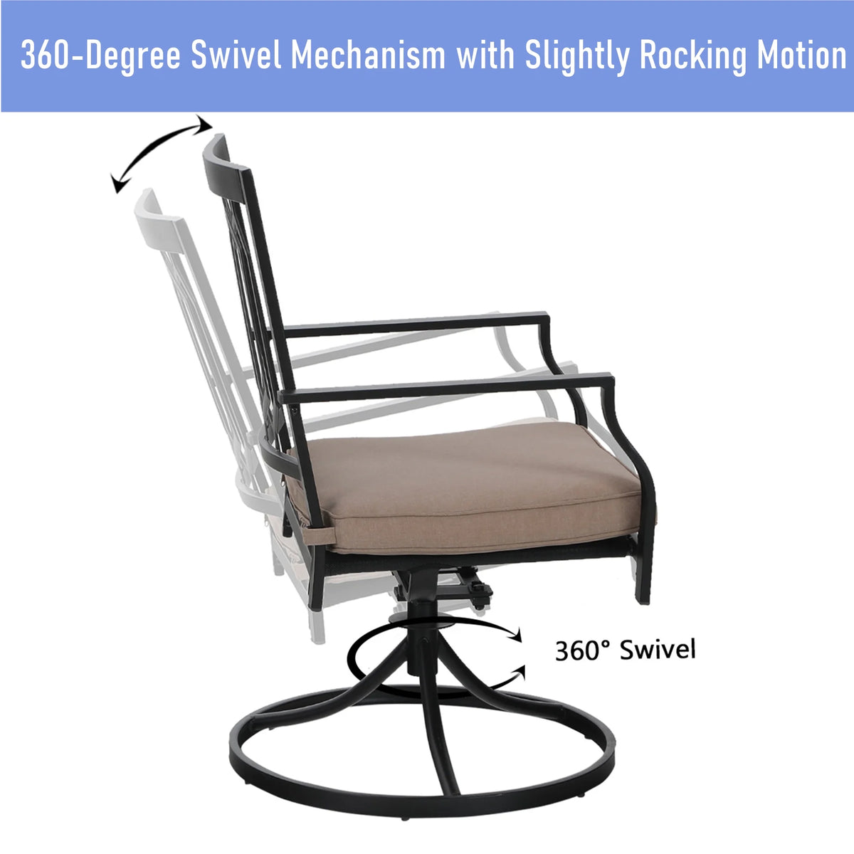 Set of 2 Outdoor Swivel Dining Chairs, Steel Frame with Cushion, Black&Beige G2428