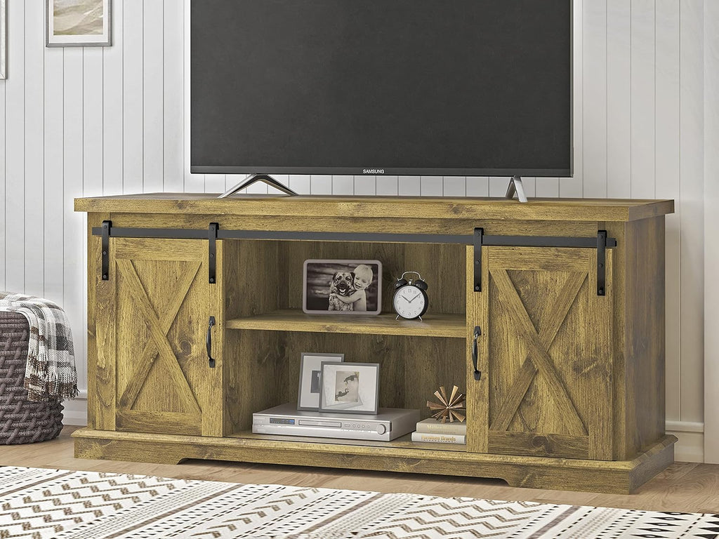 Rustic Wood TV Stand with Sliding Barn Door and Adjustable Shelves A716