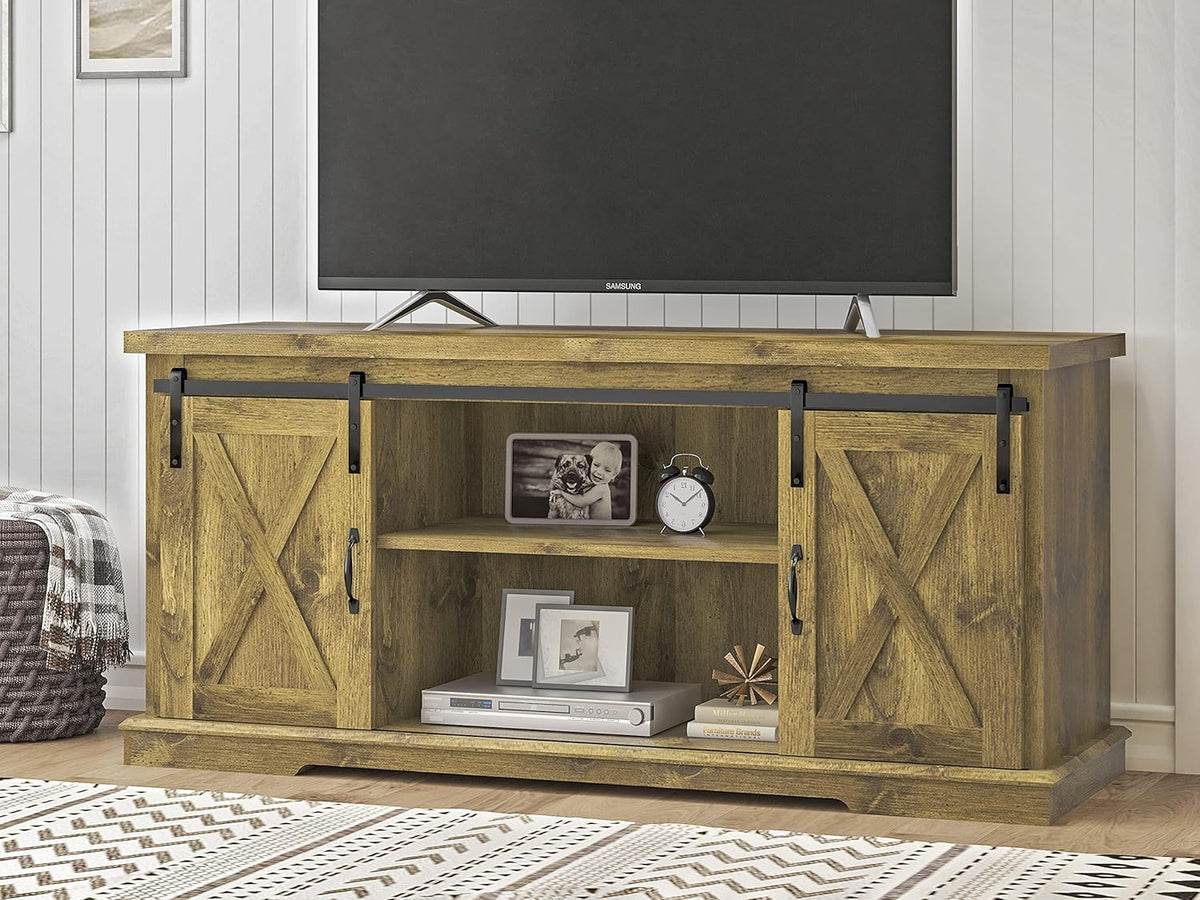 Rustic Wood TV Stand with Sliding Barn Door and Adjustable Shelves A716