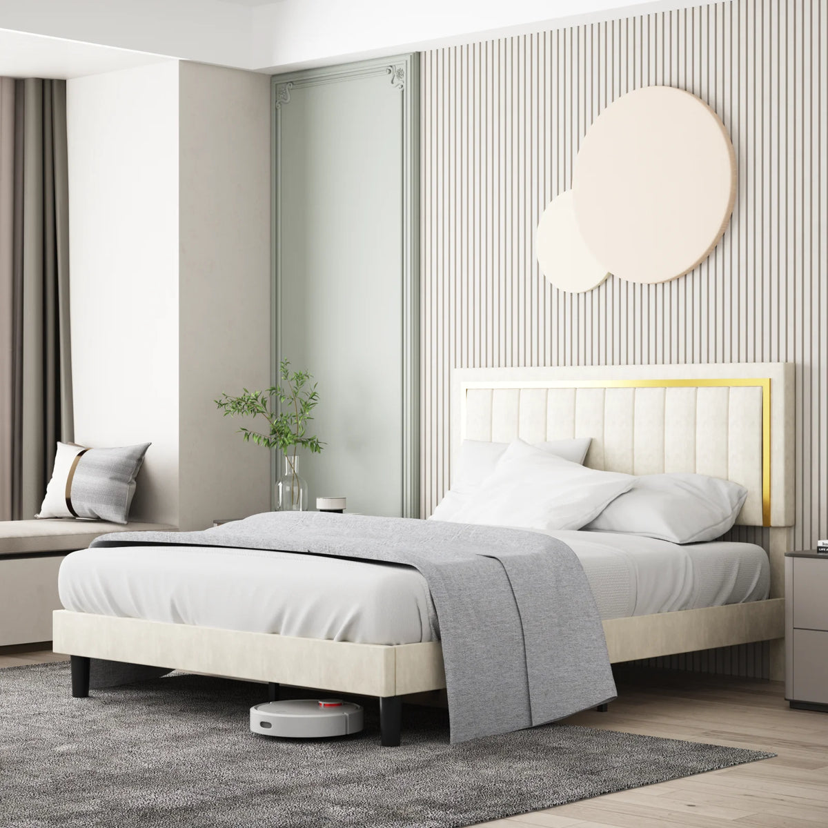 Upholstered Platform Bed Frame with Gold Trim Full Size Fabric Bed H589865