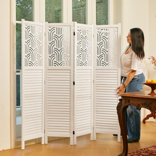 5.6 Ft Wood Carved Folding Room Divider 6 Panel Gray T25418