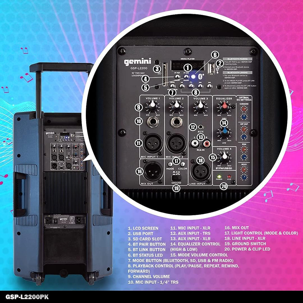 Bluetooth 2200W Peak Speaker with 15 Inch Woofer and LED Party Lights X13538