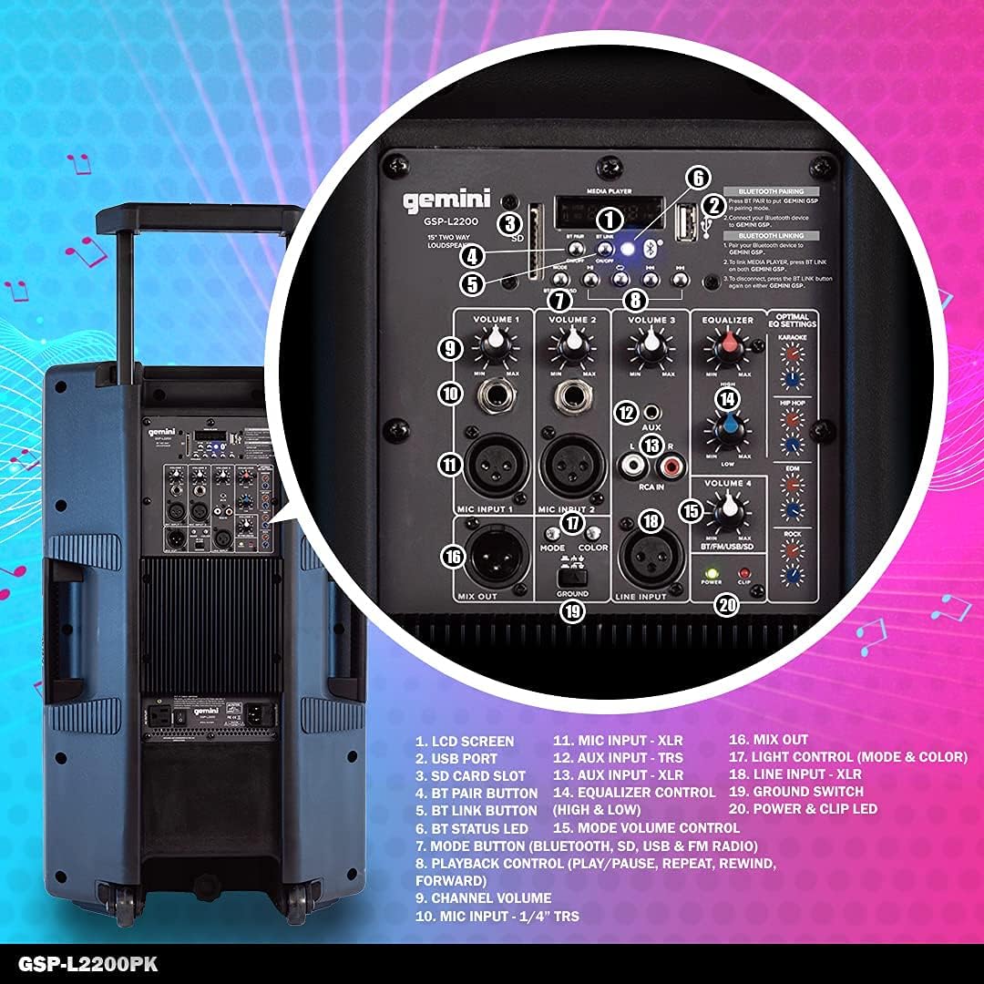 Bluetooth 2200W Peak Speaker with 15 Inch Woofer and LED Party Lights X13538