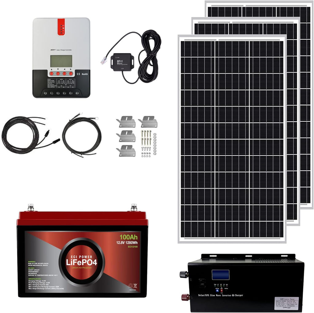 1.3KWH 12V Solar Power System Kit with 300W Mono Solar Panels, 30A MPPT Charge Controller, 2KW Pure Sine Wave Inverter D683