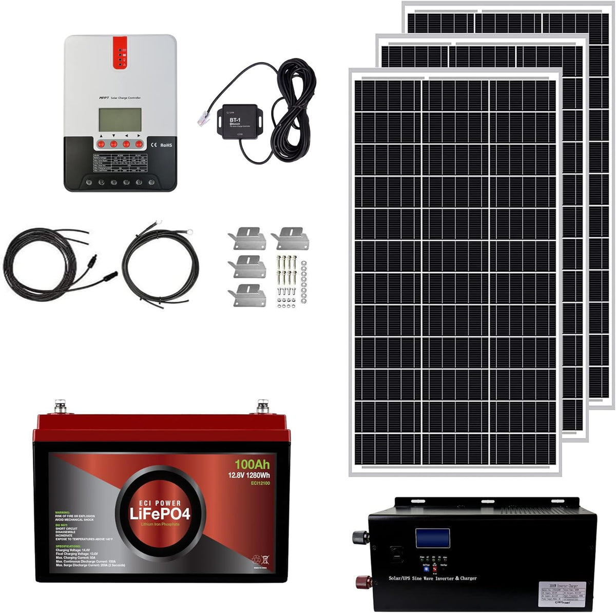 1.3KWH 12V Solar Power System Kit with 300W Mono Solar Panels, 30A MPPT Charge Controller, 2KW Pure Sine Wave Inverter D683