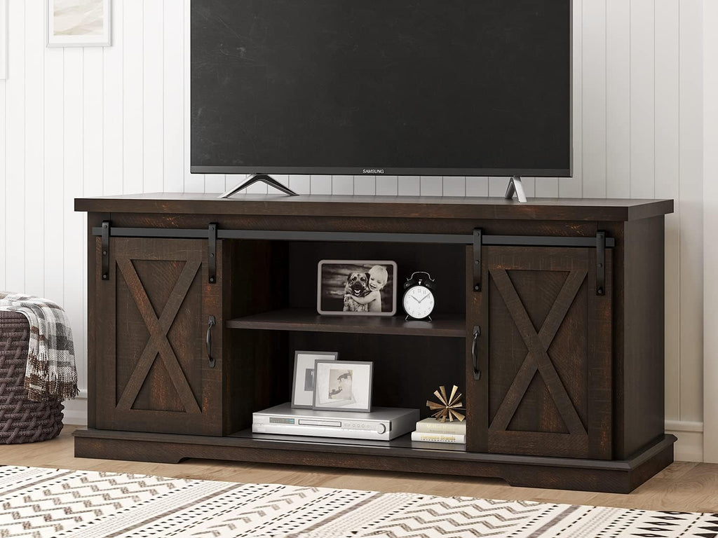 Rustic Wood TV Stand with Sliding Barn Door and Adjustable Shelves A716