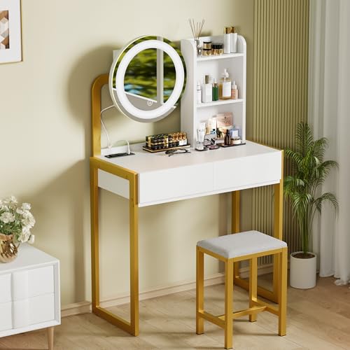White Vanity Desk with Mirror and Lights T669