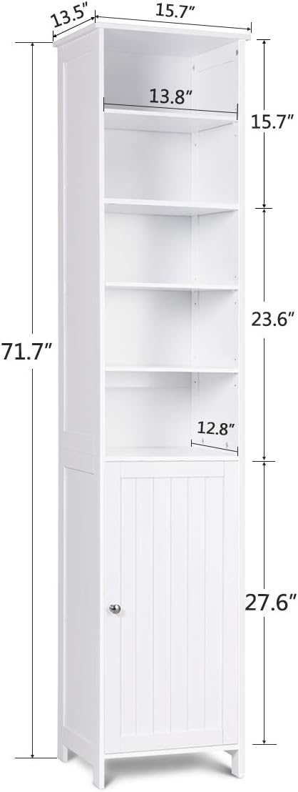 White Tall Bathroom Storage Cabinet with Door and 5 Adjustable Shelves L80097