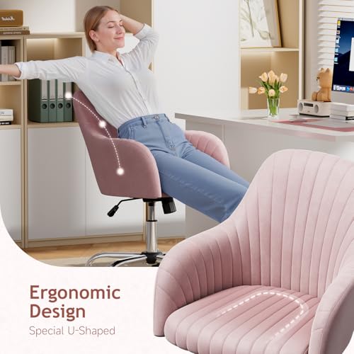 Pink Velvet Upholstered Swivel Office Chair with Arms O892292