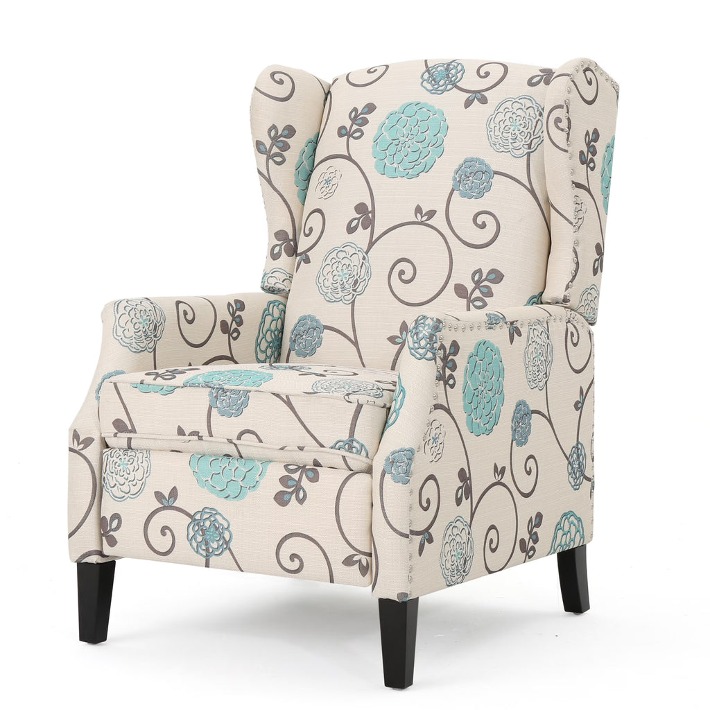 White and Blue Fabric Wing Back Recliner F37784