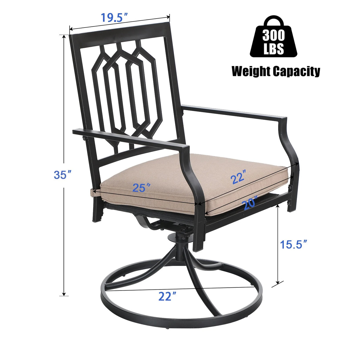 Set of 2 Outdoor Swivel Dining Chairs, Steel Frame with Cushion, Black&Beige G2428