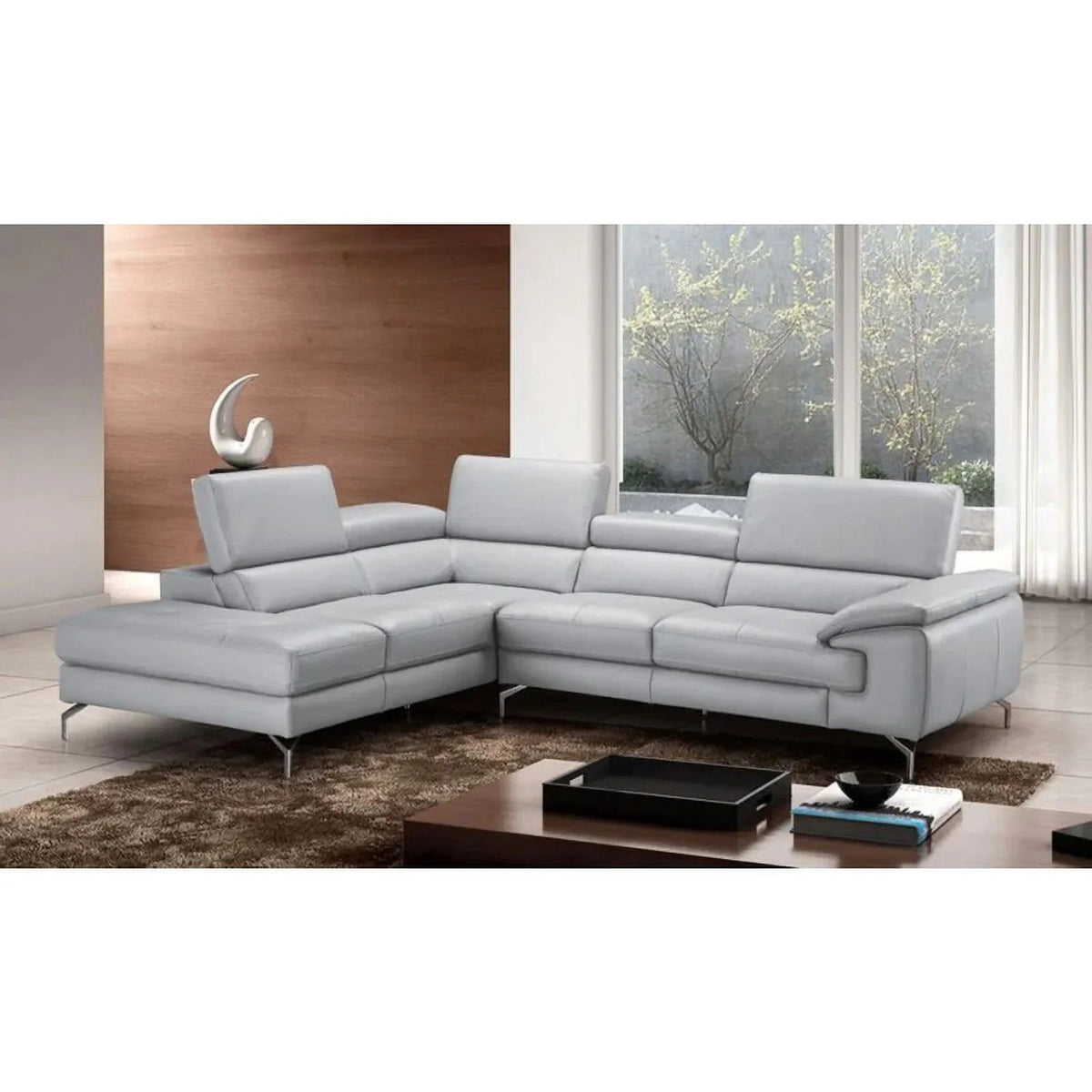 Grey Leather Sectional Sofa with Right Hand Facing Chaise P924078