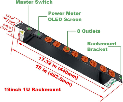 19 Inch 1U 8-Outlet 16A Rackmount Metered PDU Power Strip Z193809