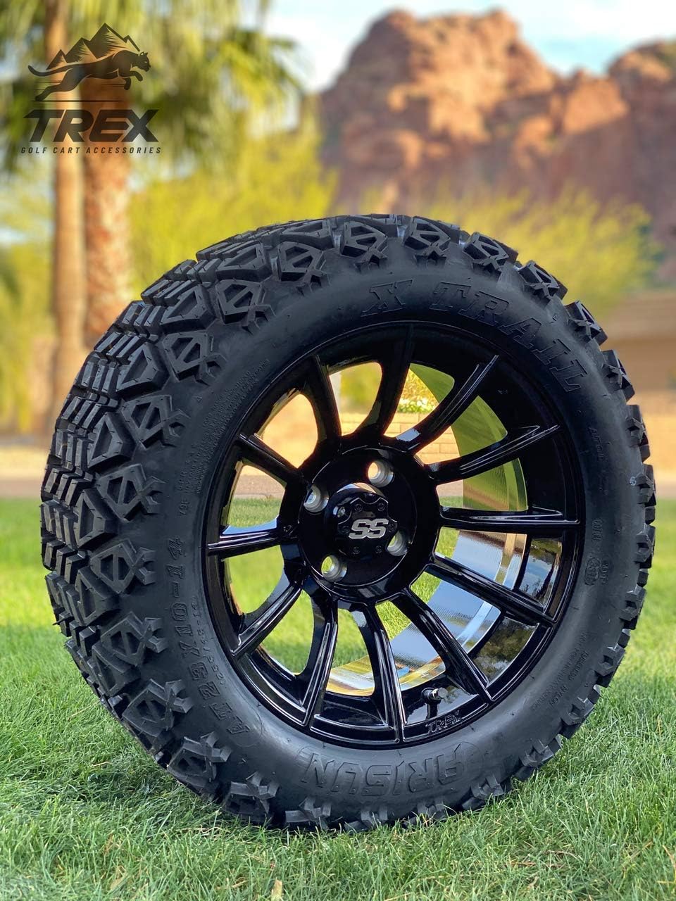 14 TITAN GLOSS BLACK ALUMINIUM WHEELS AND 23X10-14 DOT ALL TERRAIN TIRES COMBO - SET OF 4 K350