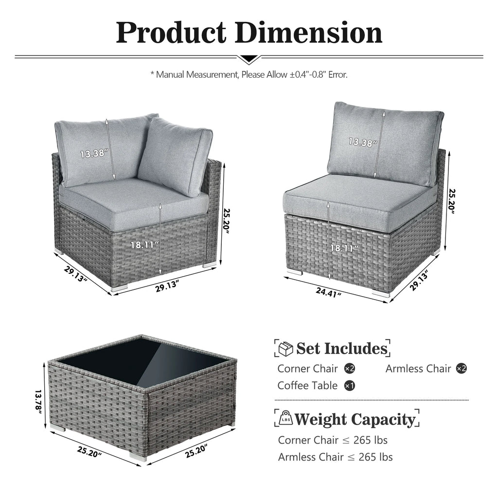 5 Piece Outdoor Patio Furniture Set Wicker Rattan Sectional Couch, Dark Grey C1121