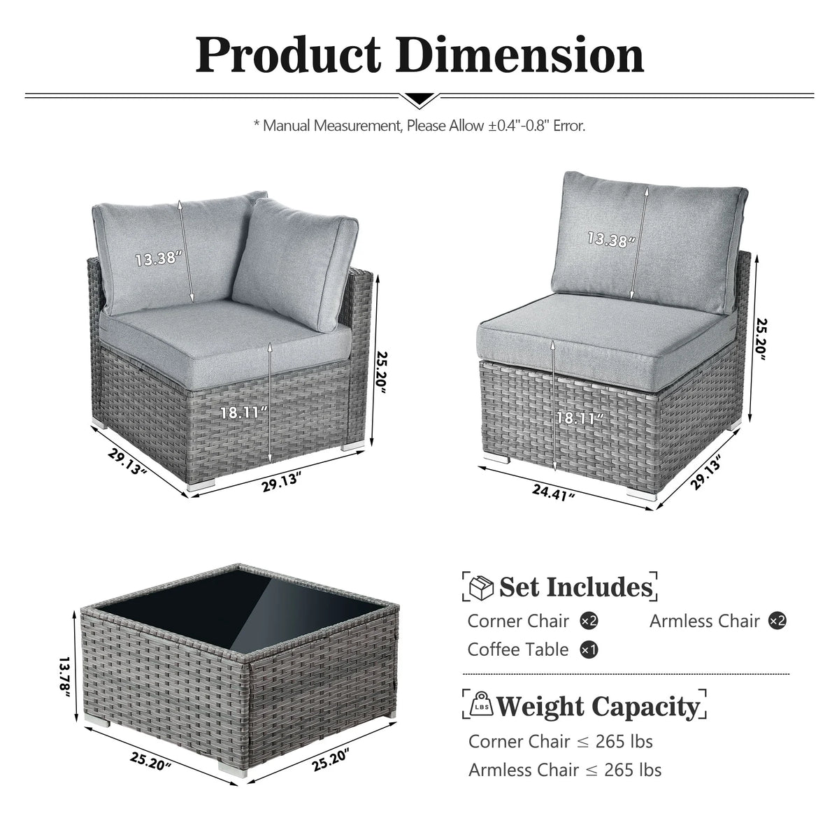 5 Piece Outdoor Patio Furniture Set Wicker Rattan Sectional Couch, Dark Grey C1121