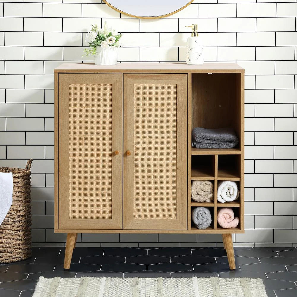 Light Oak Engineered Wood Rattan Wine and Storage Cabinet V83626