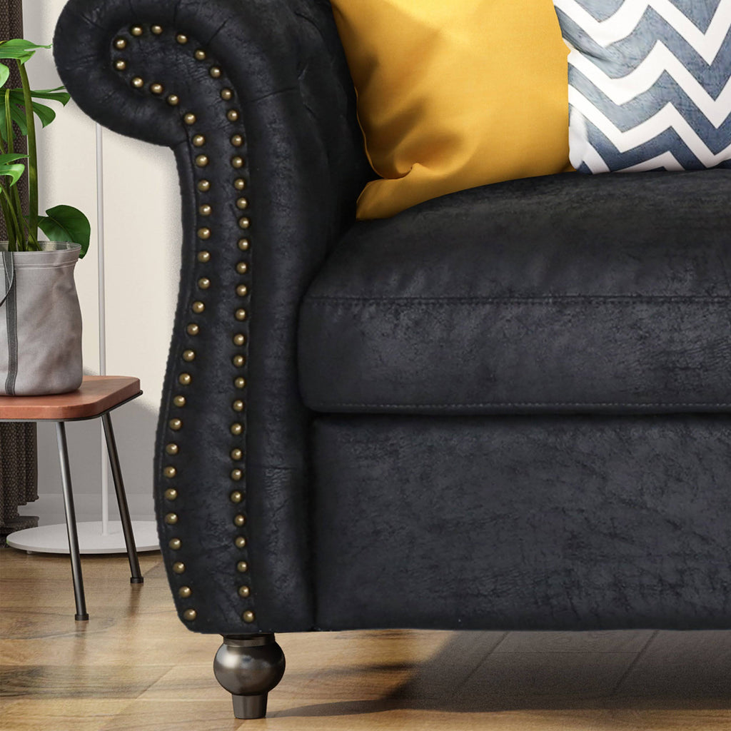 Navy Blue Tufted Microfiber Sofa with Scroll Arms R187265
