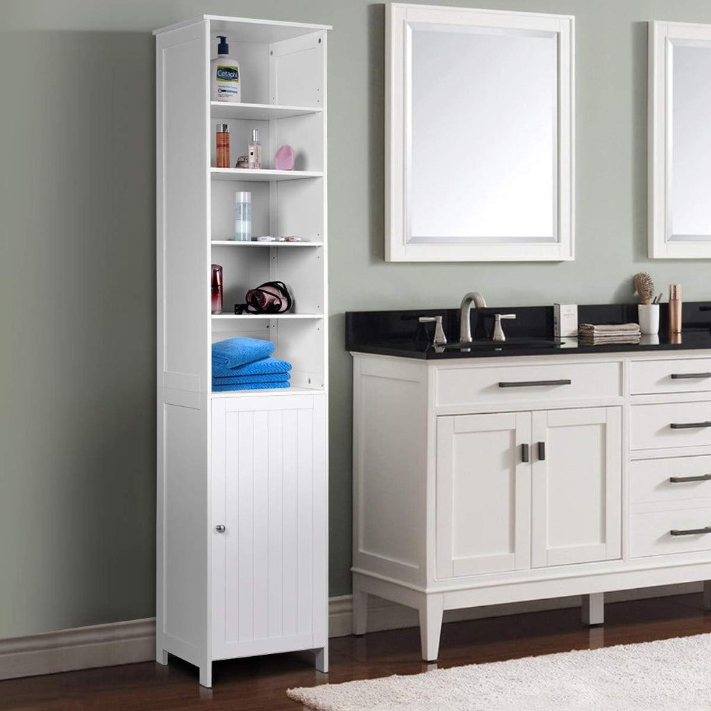 White Tall Bathroom Storage Cabinet with Door and 5 Adjustable Shelves L80097