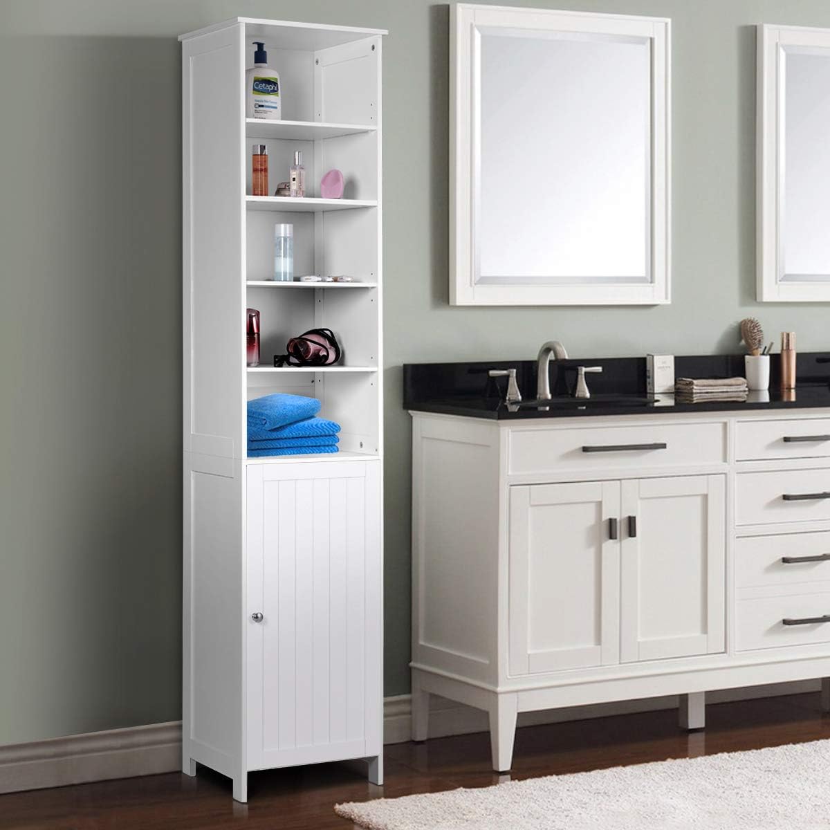 White Tall Bathroom Storage Cabinet with Door and 5 Adjustable Shelves L80097