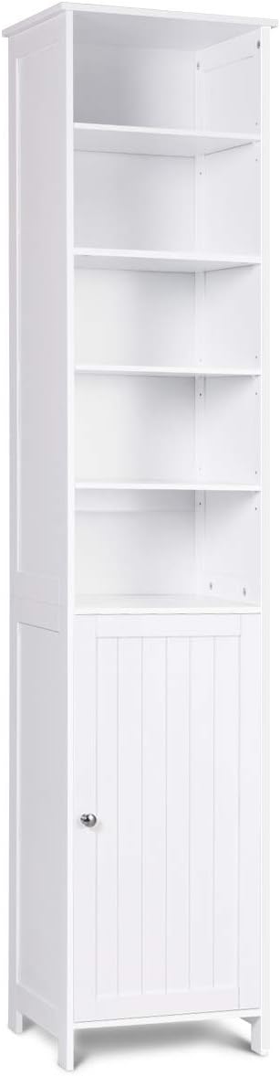 White Tall Bathroom Storage Cabinet with Door and 5 Adjustable Shelves L80097