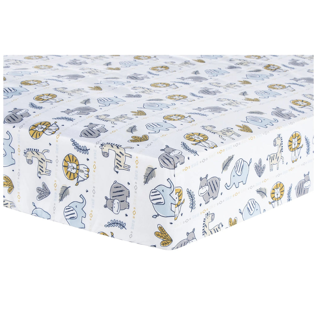 4 Piece Crib Bedding Set, White, Tan, Orange, Blue, Navy and Gray, 100% Microfiber, Polyester Fill, Quilt, Fitted Crib Sheet, Skirt and Plush Toy W120