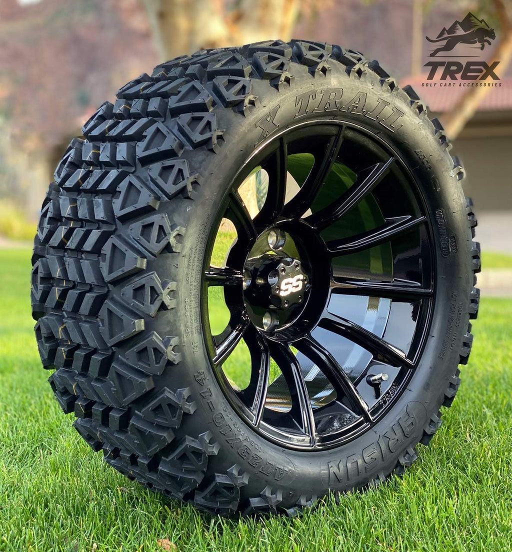 14 TITAN GLOSS BLACK ALUMINIUM WHEELS AND 23X10-14 DOT ALL TERRAIN TIRES COMBO - SET OF 4 K350