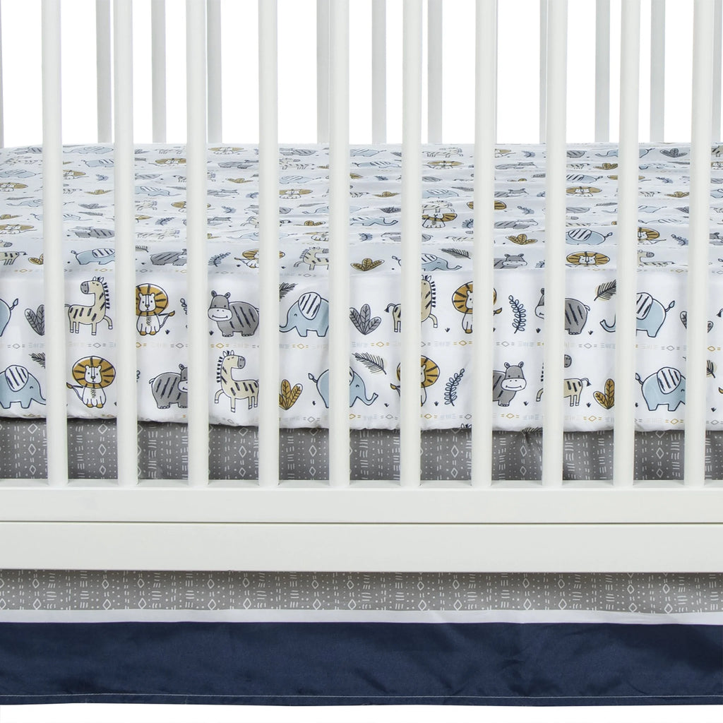 4 Piece Crib Bedding Set, White, Tan, Orange, Blue, Navy and Gray, 100% Microfiber, Polyester Fill, Quilt, Fitted Crib Sheet, Skirt and Plush Toy W120