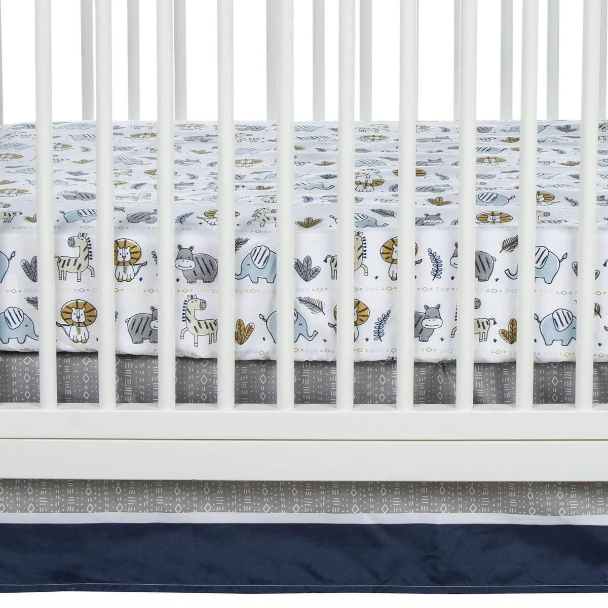 4 Piece Crib Bedding Set, White, Tan, Orange, Blue, Navy and Gray, 100% Microfiber, Polyester Fill, Quilt, Fitted Crib Sheet, Skirt and Plush Toy W120