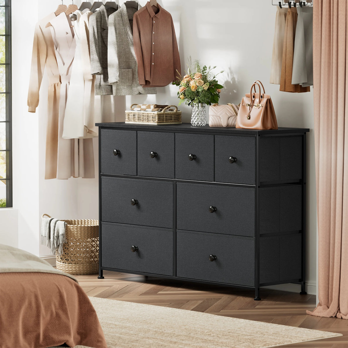 8 Drawer Fabric Dresser with Steel Frame and Wooden Top N5686