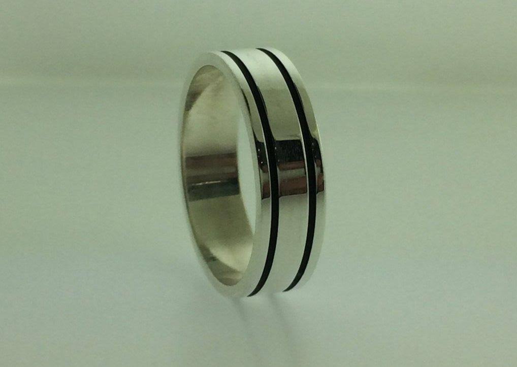 Polished Sterling Silver 6mm Double Black Groove Wedding Band 6.5 Z42197