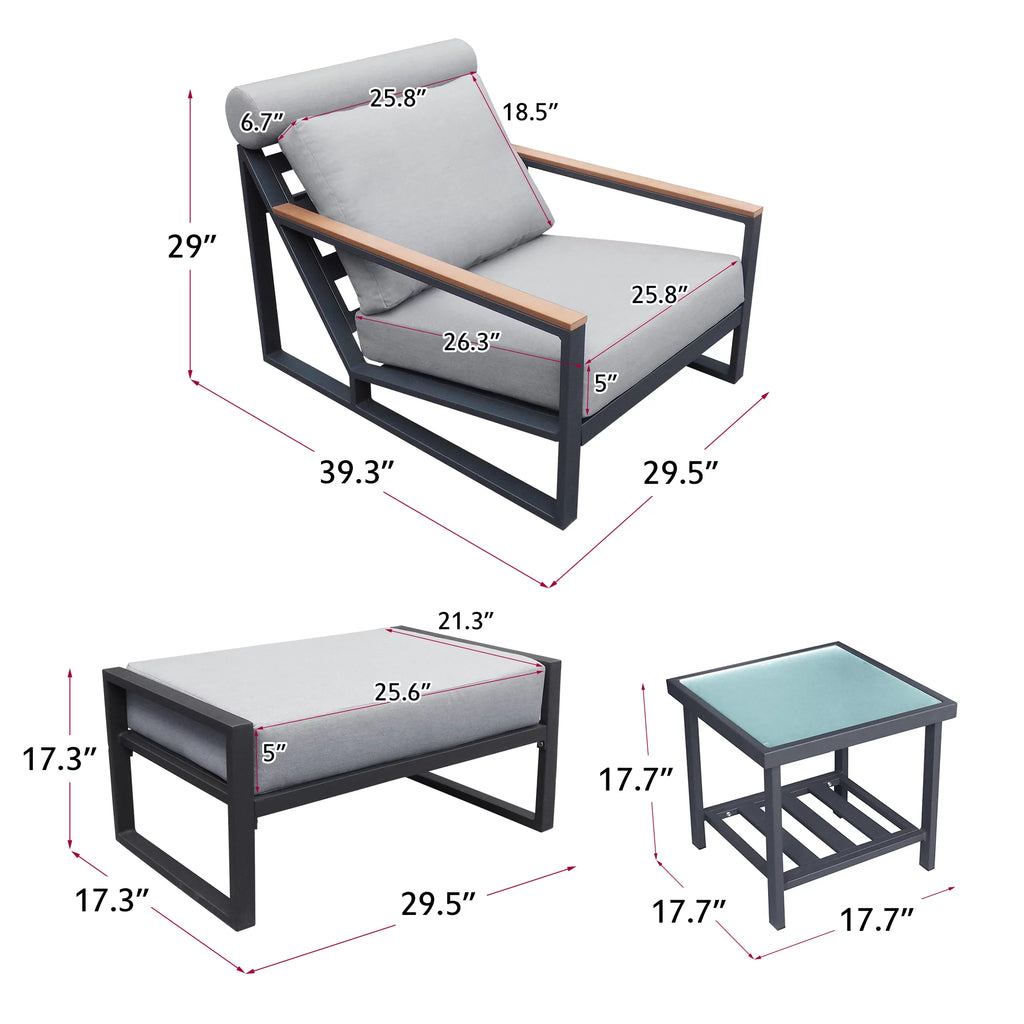 3PCS Gray Outdoor Aluminum Recliner Lounge Chair Set with Ottoman & Side Table V211