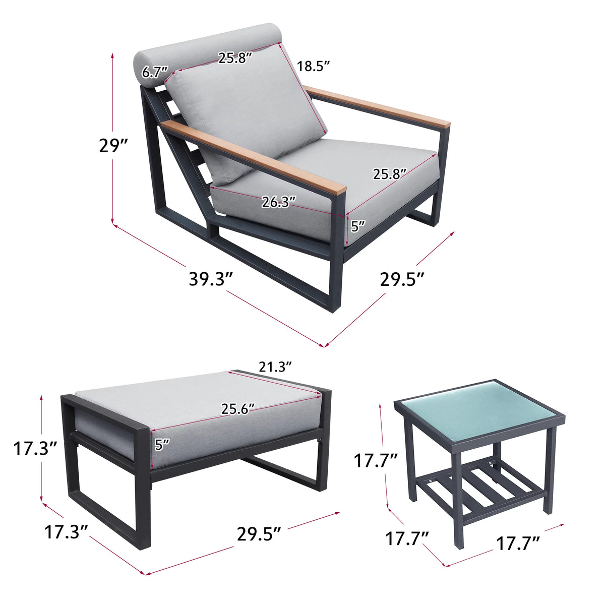3PCS Gray Outdoor Aluminum Recliner Lounge Chair Set with Ottoman & Side Table V211
