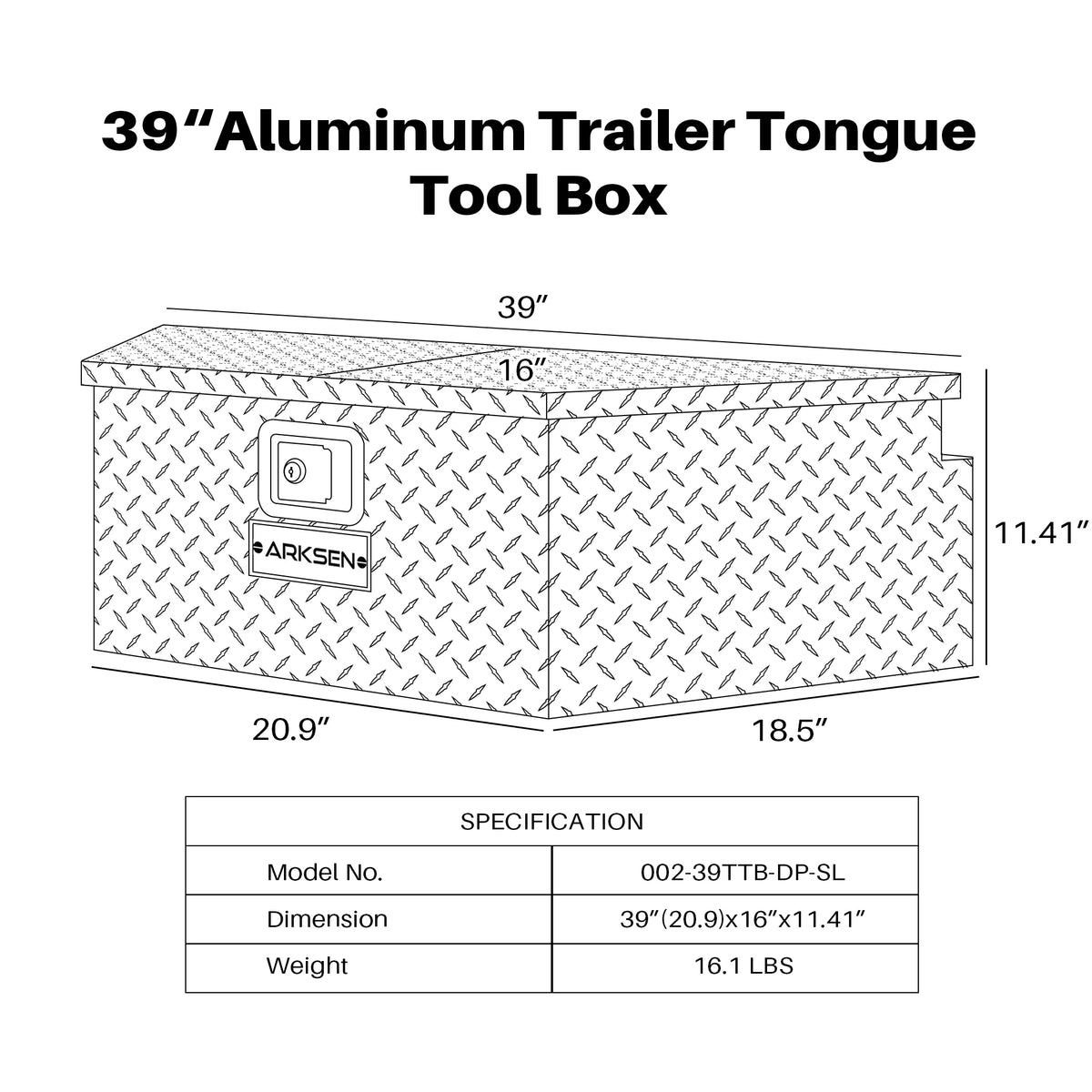 39 Diamond Plate Aluminum Trailer Tongue Box with Lock Key G690