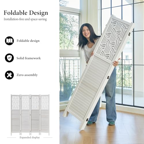 5.6 Ft Wood Carved Folding Room Divider 6 Panel Gray T25418