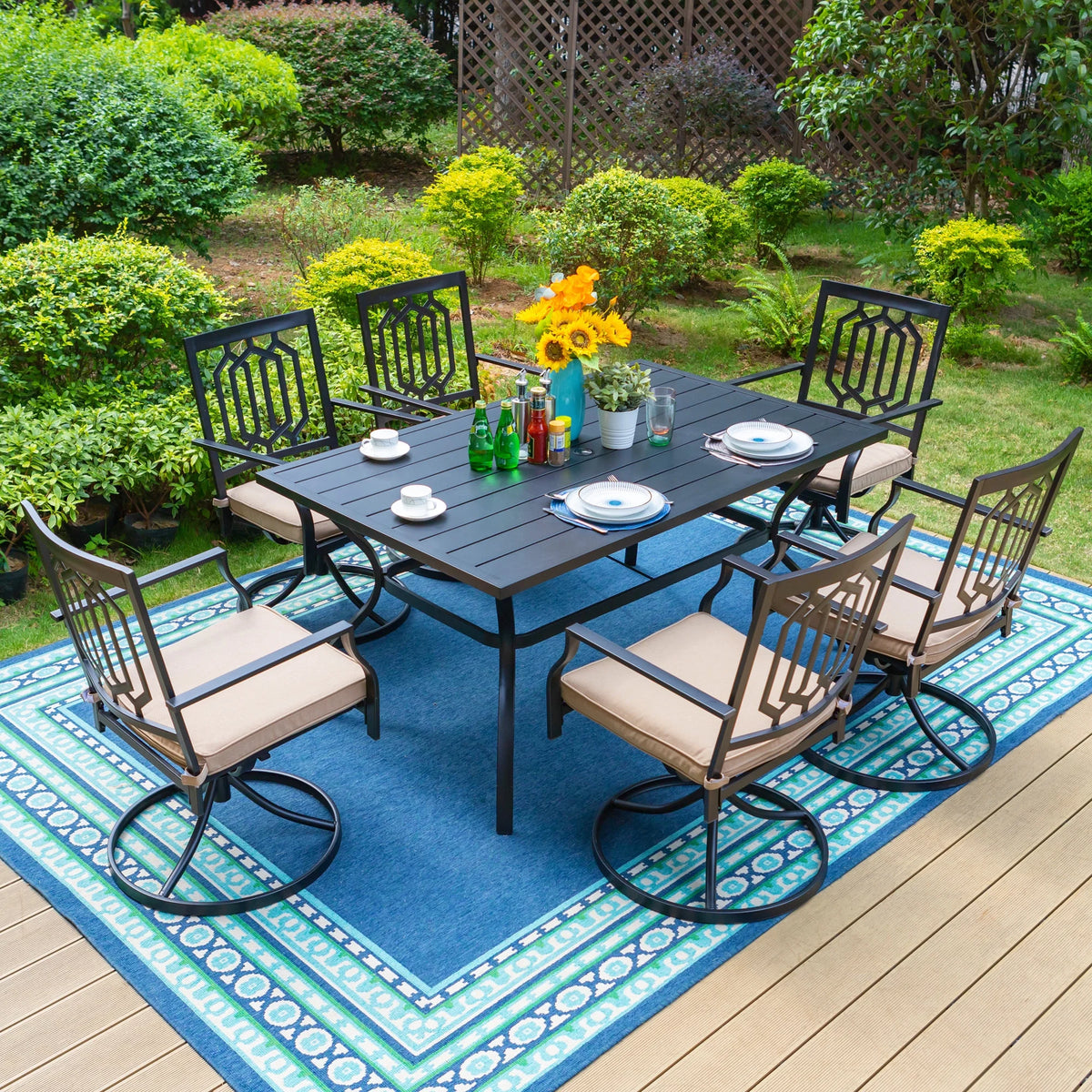 Set of 2 Outdoor Swivel Dining Chairs, Steel Frame with Cushion, Black&Beige G2428