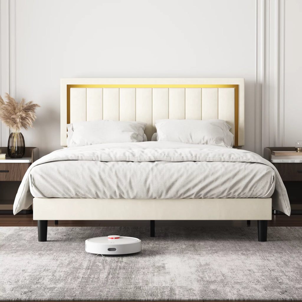 Upholstered Platform Bed Frame with Gold Trim Full Size Fabric Bed H589865
