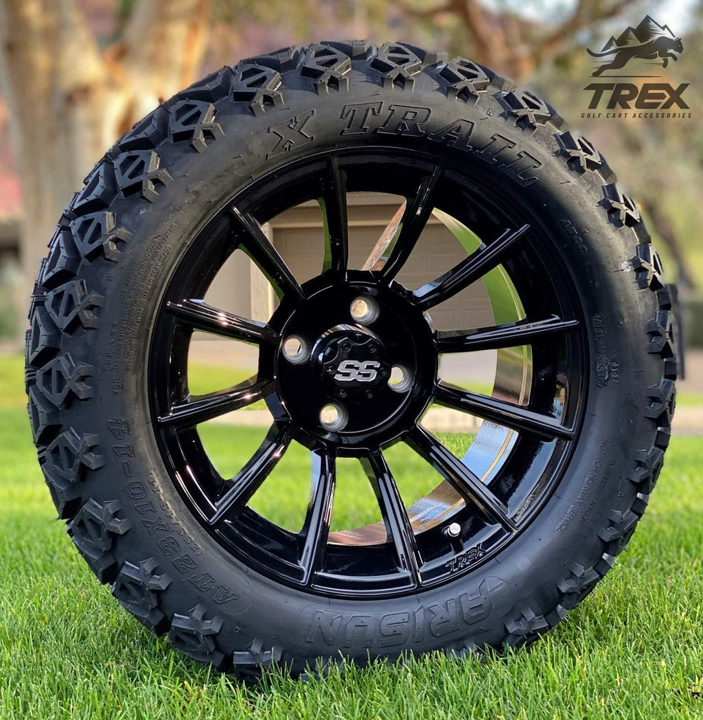 14 TITAN GLOSS BLACK ALUMINIUM WHEELS AND 23X10-14 DOT ALL TERRAIN TIRES COMBO - SET OF 4 K350