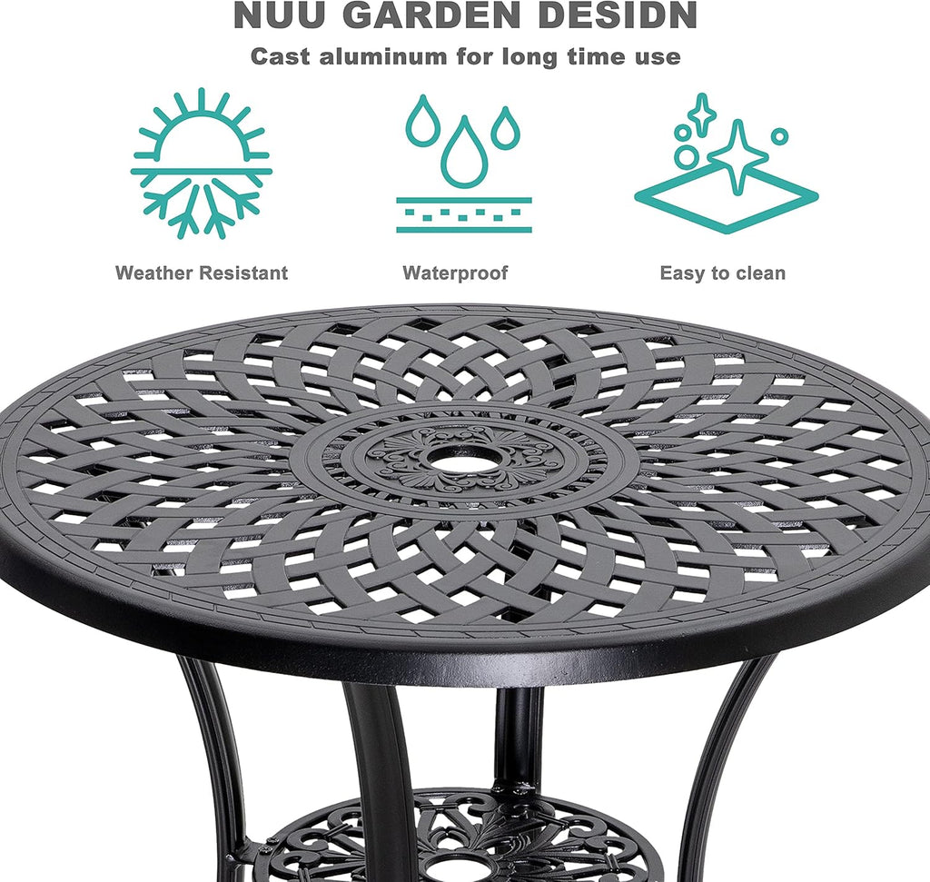 Black 42 Inch Round Cast Aluminum Patio Dining Table with Umbrella Hole R634