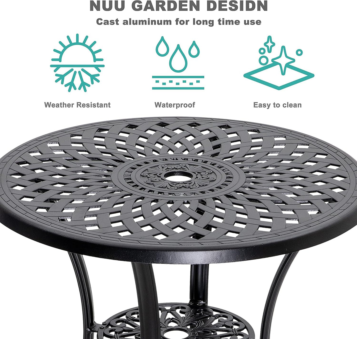 Black 42 Inch Round Cast Aluminum Patio Dining Table with Umbrella Hole R634