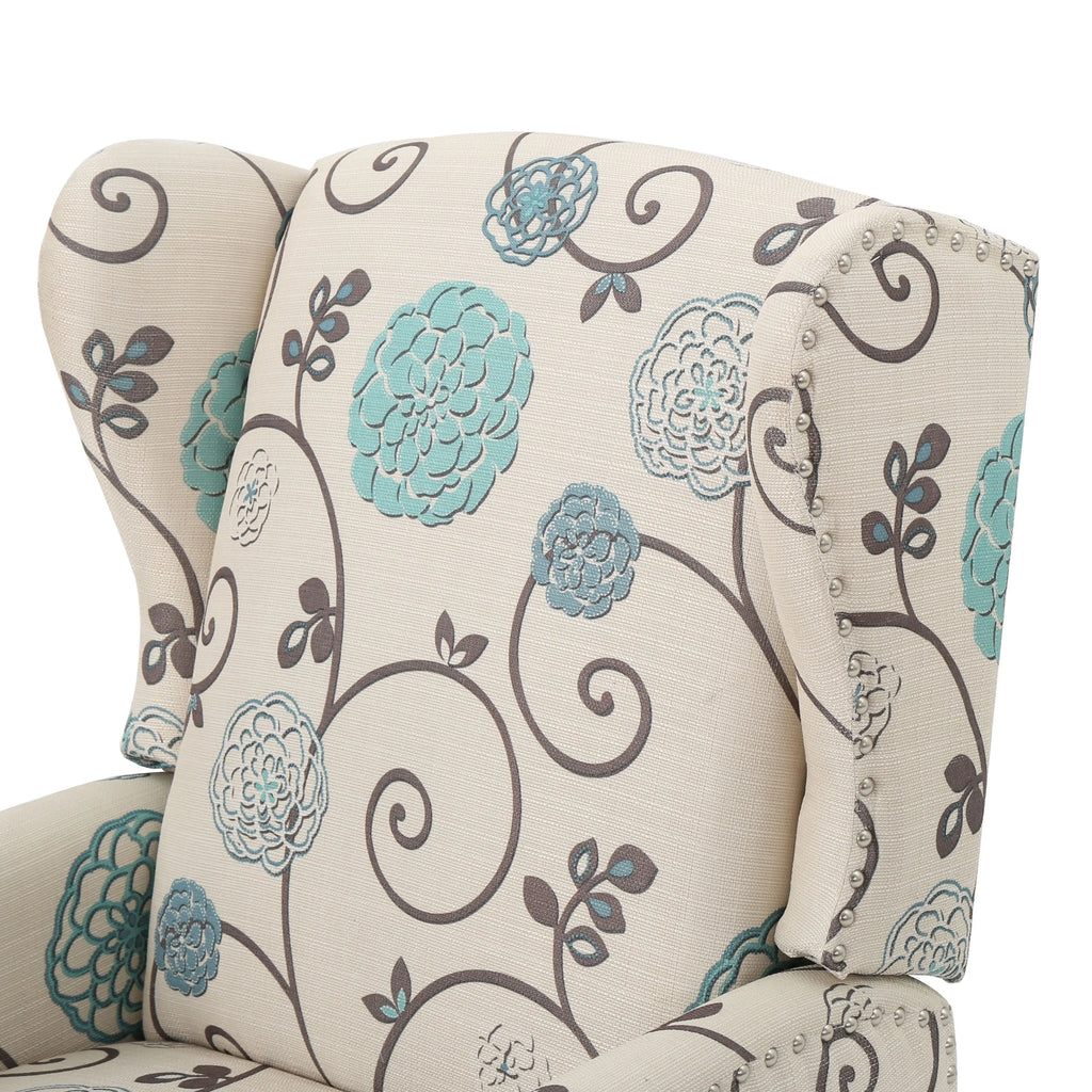 White and Blue Fabric Wing Back Recliner F37784