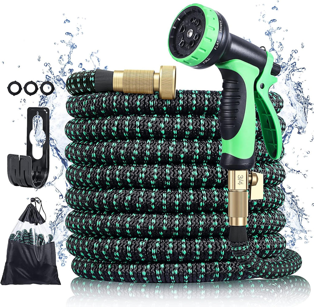 Expandable Garden Hose 100ft Heavy Duty Flexible Water Hose with 10 Function Sprayer Nozzle, 3/4 inch Solid Brass Fittings A4881