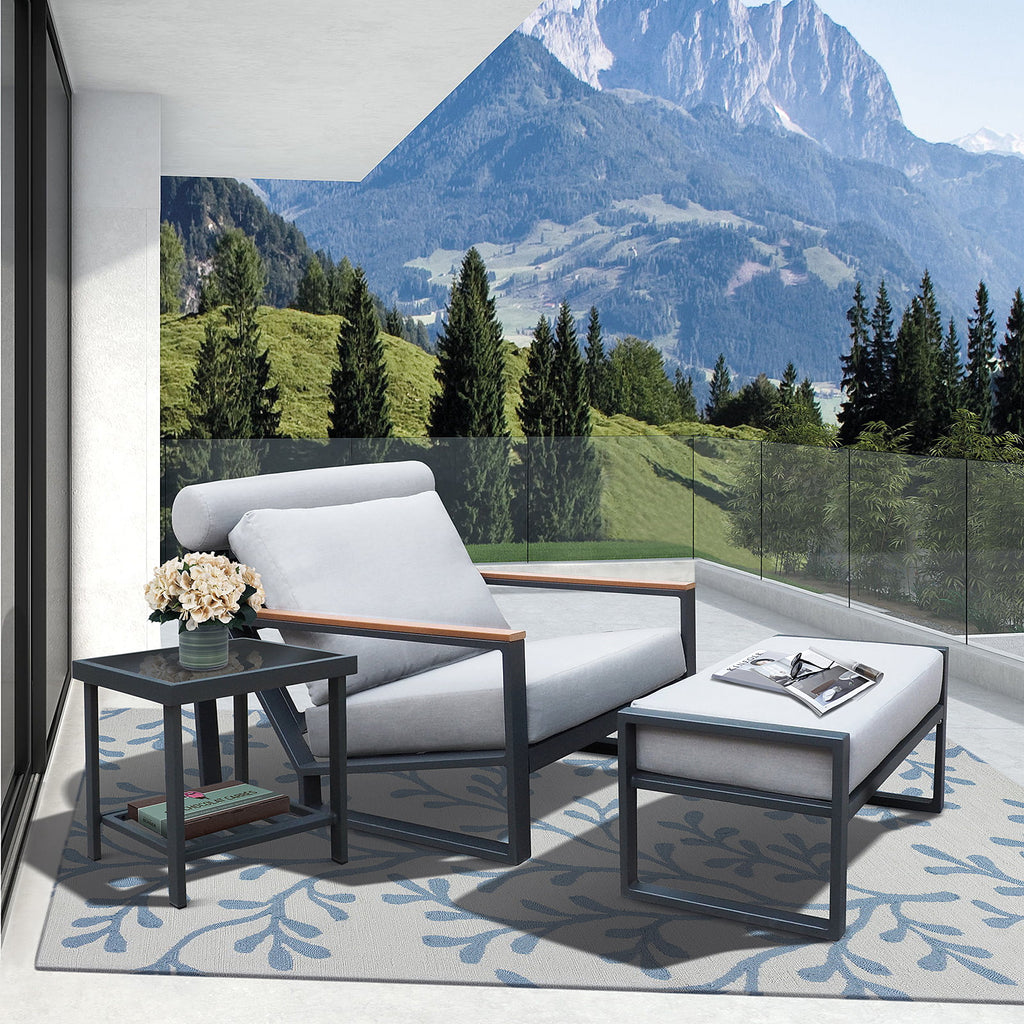 3PCS Gray Outdoor Aluminum Recliner Lounge Chair Set with Ottoman & Side Table V211