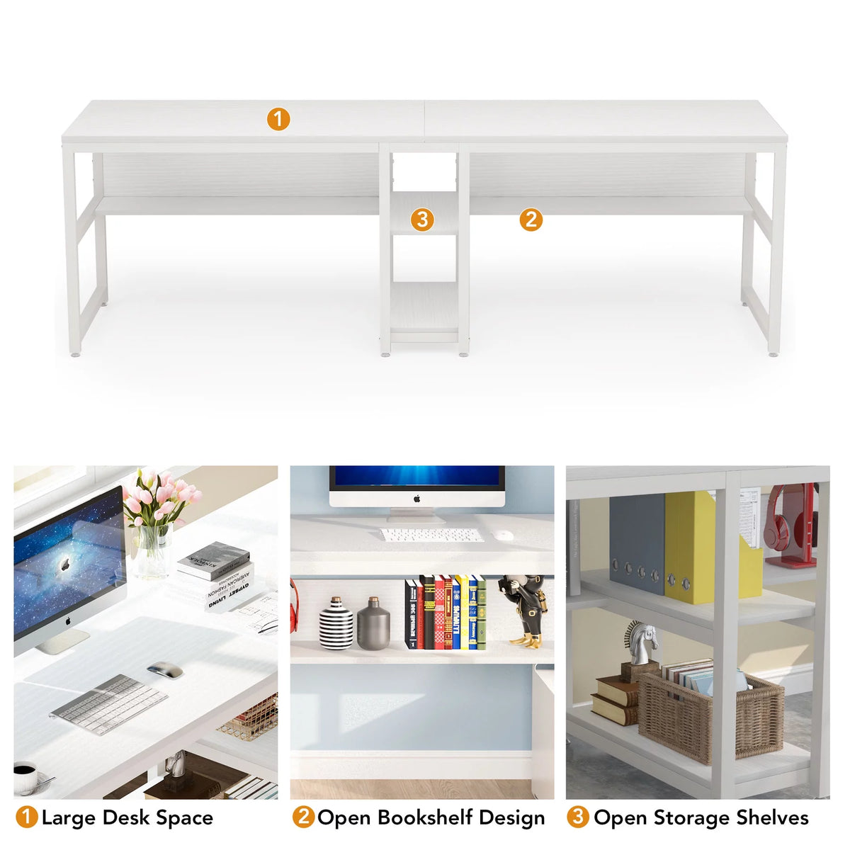 White Two Person Desk with Bookshelf R44960